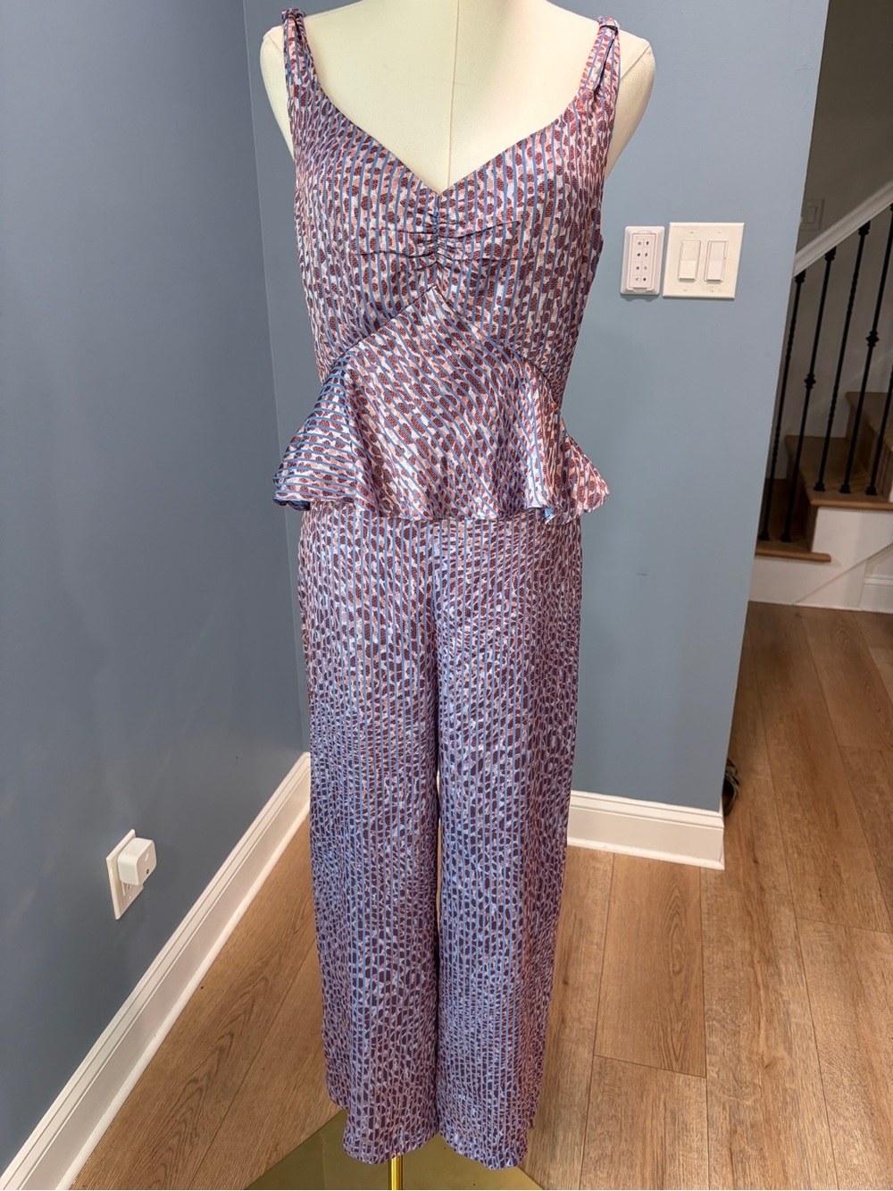 Waverly Grey Ivy Jacquard Peplum Jumpsuit Leopard Blue Stripe Size 4